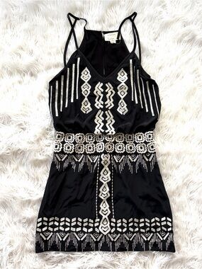 Atelier Nicole Miller 100% Silk Embroidered Boho Mini Dress Petite S Black Y2K